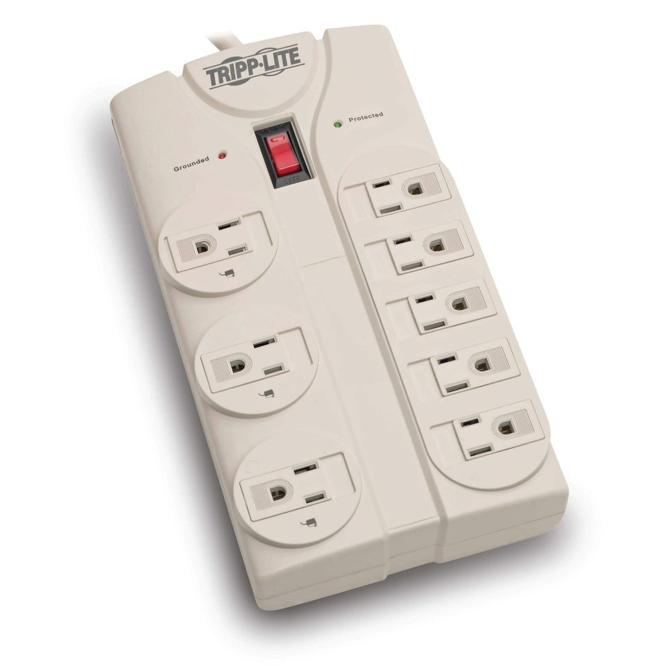 TRIPP LITE TLP808 eight-outlet surge protector organizes desk power safely.