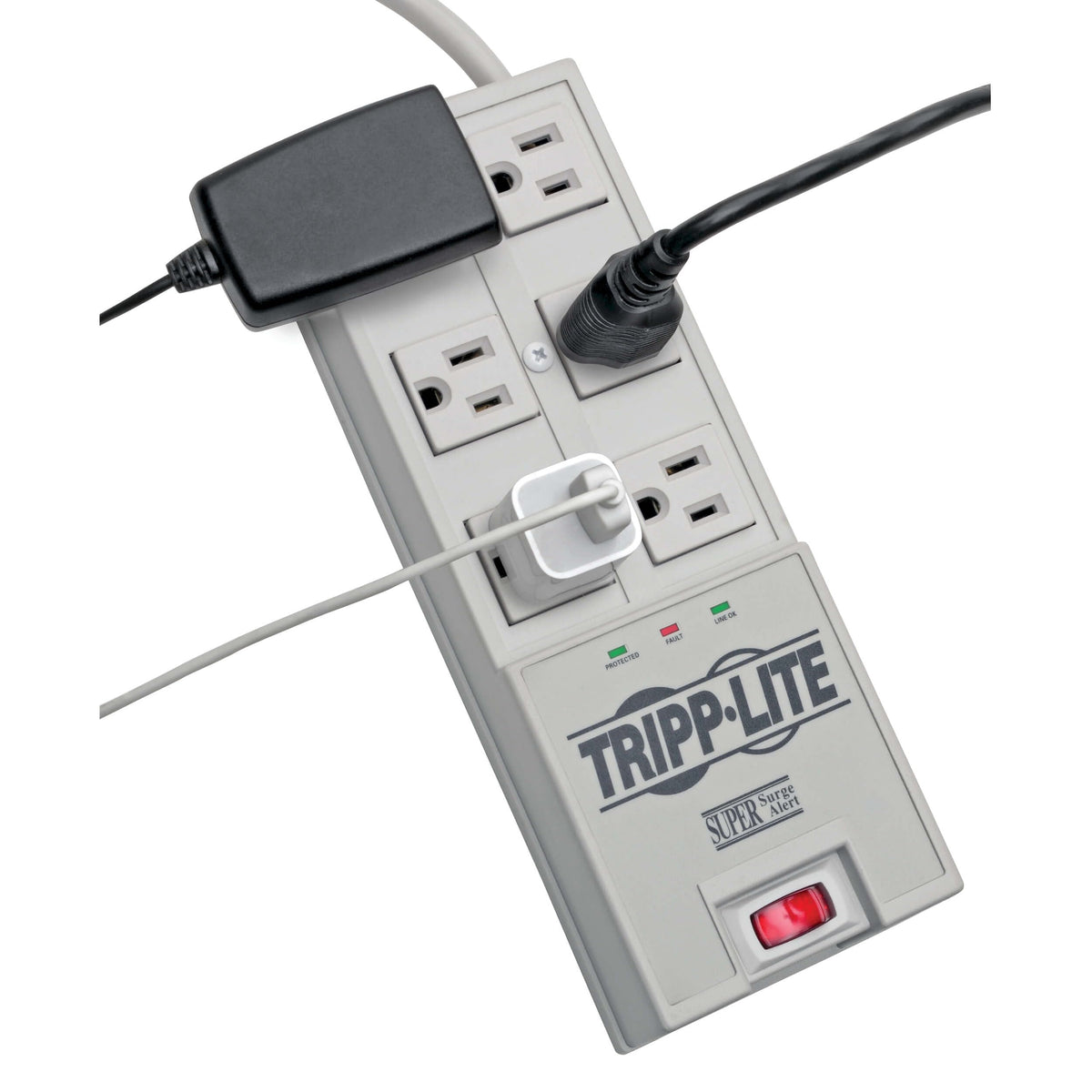 Tripp Lite TR-6 right-angle plug detail keeping furniture flush and saving space