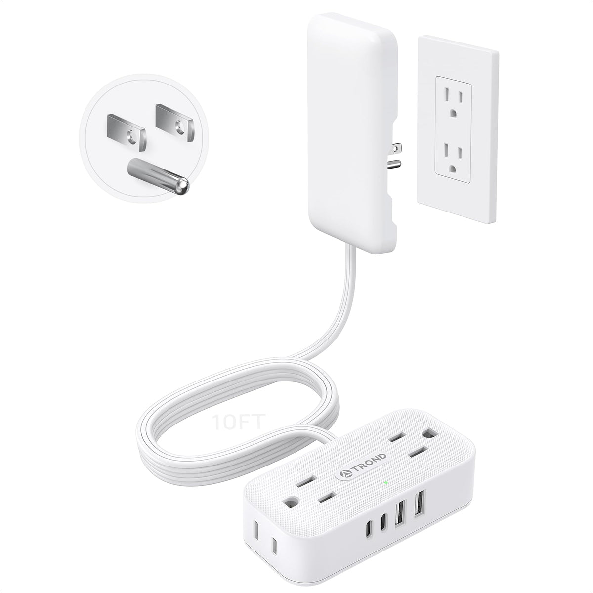 TROND 10ft flat extension cord with ultra-thin outlet cover conceals plugs for clutter-free walls.