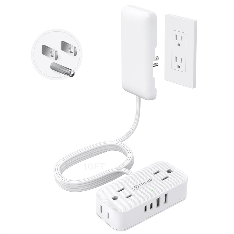 TROND 10ft flat extension cord with ultra-thin outlet cover conceals plugs for clutter-free walls.