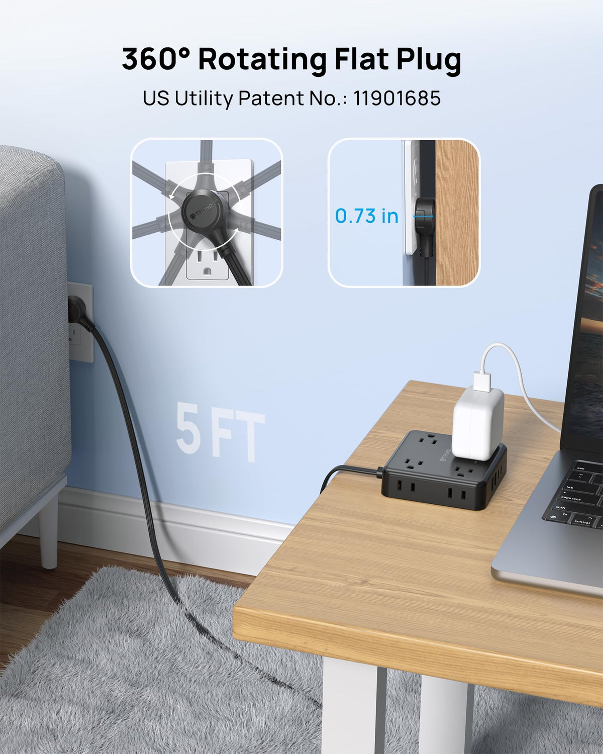 TROND 12-in-1 power strip with outlets and USB ports in use.