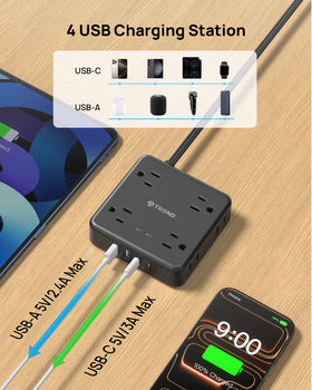 TROND wall-mount ready power strip installed on a desk edge.
