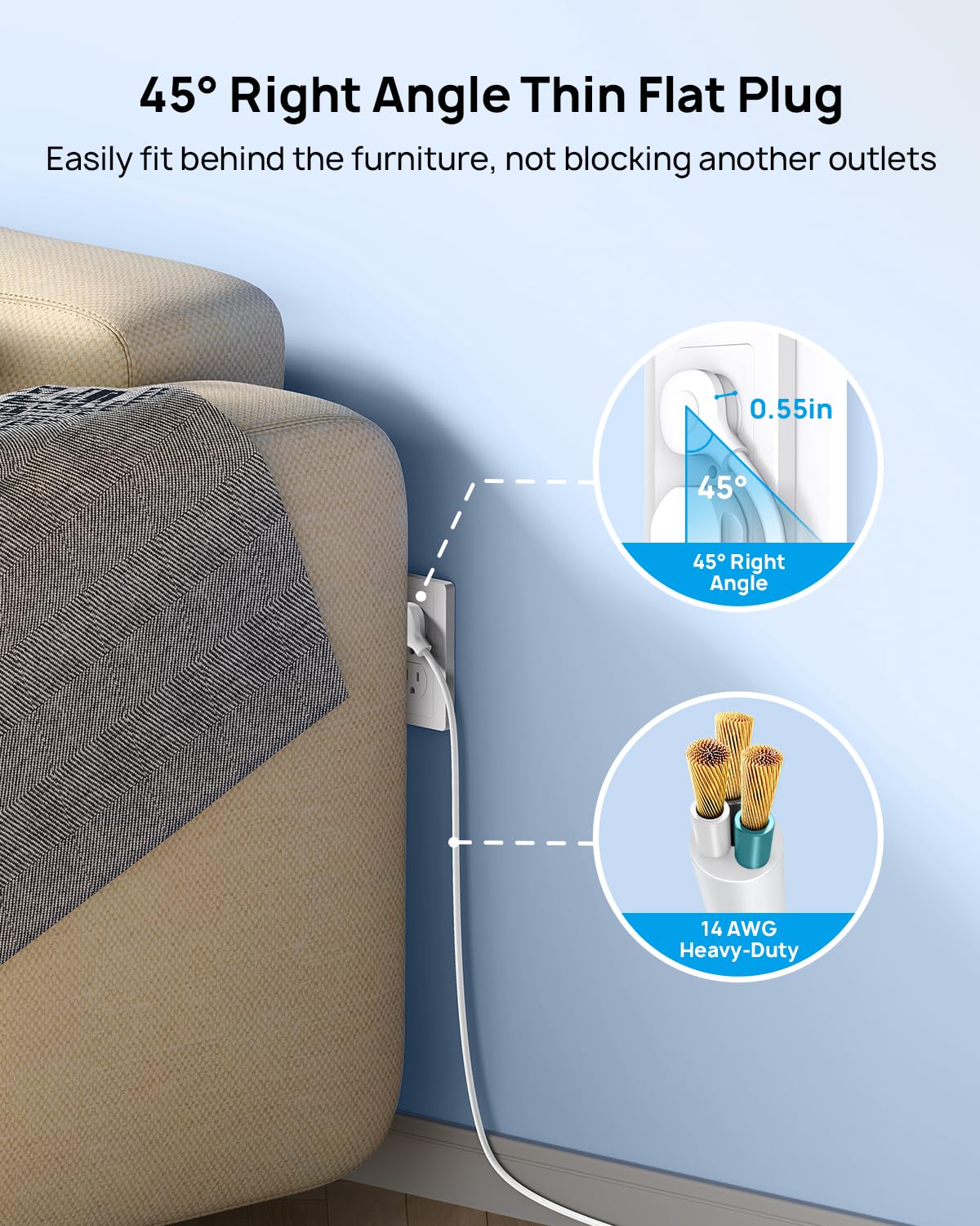TROND 15ft power cord stretched to show extended reach and flexible placement