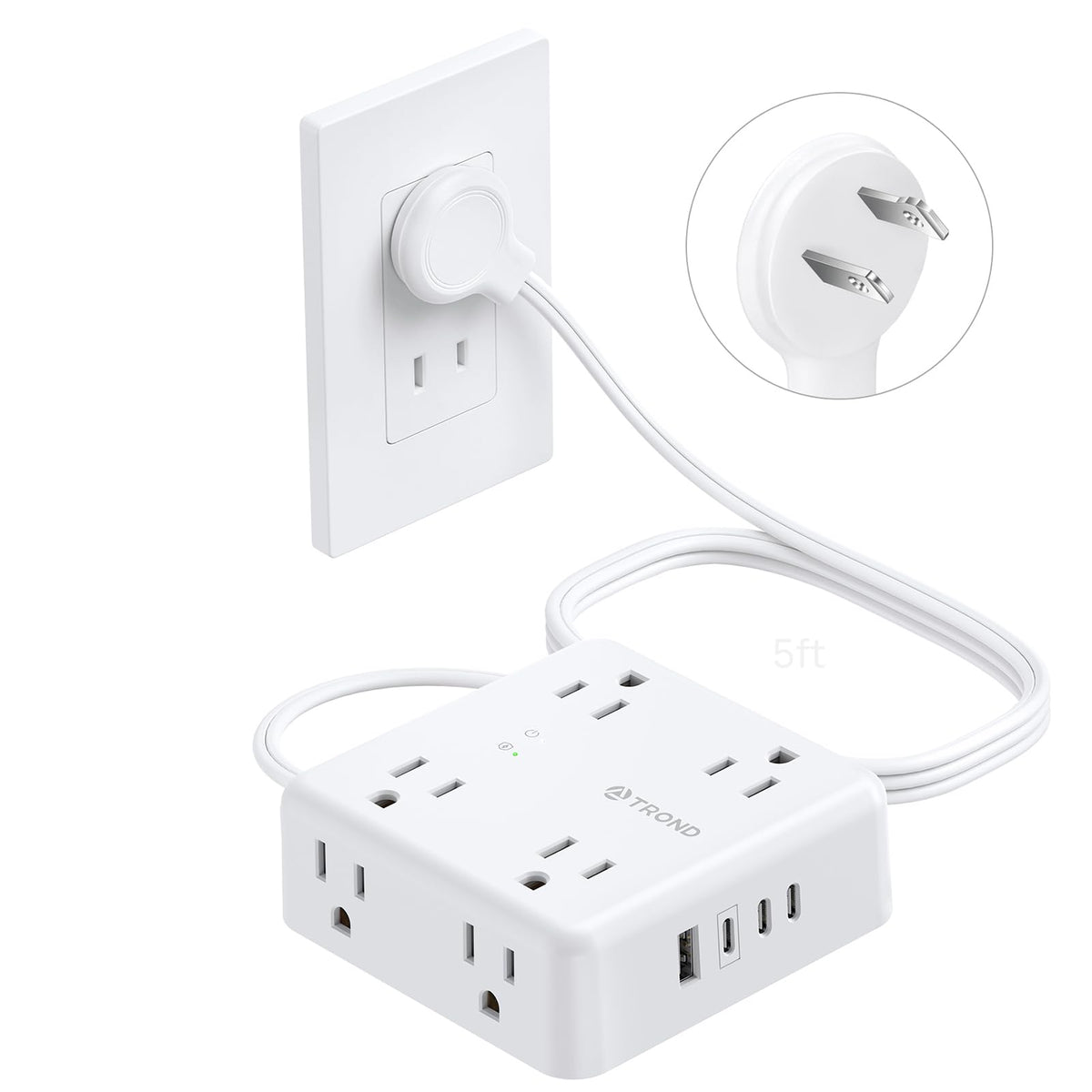 TROND 2 prong power strip with flat plug for slim wall placement and hidden cords.