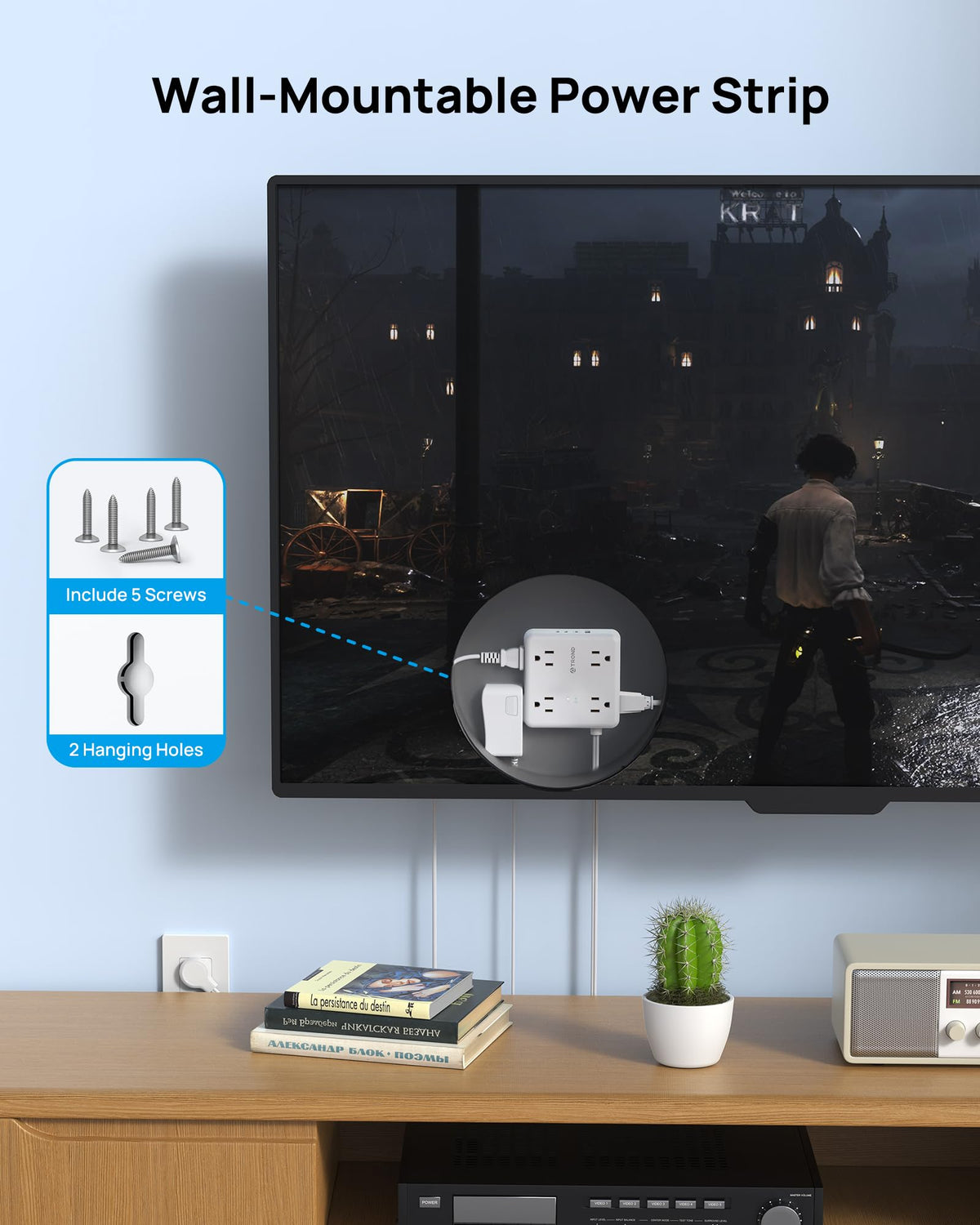 TROND wall-mountable adapter helps reduce clutter in living rooms, offices, and dorm spaces.