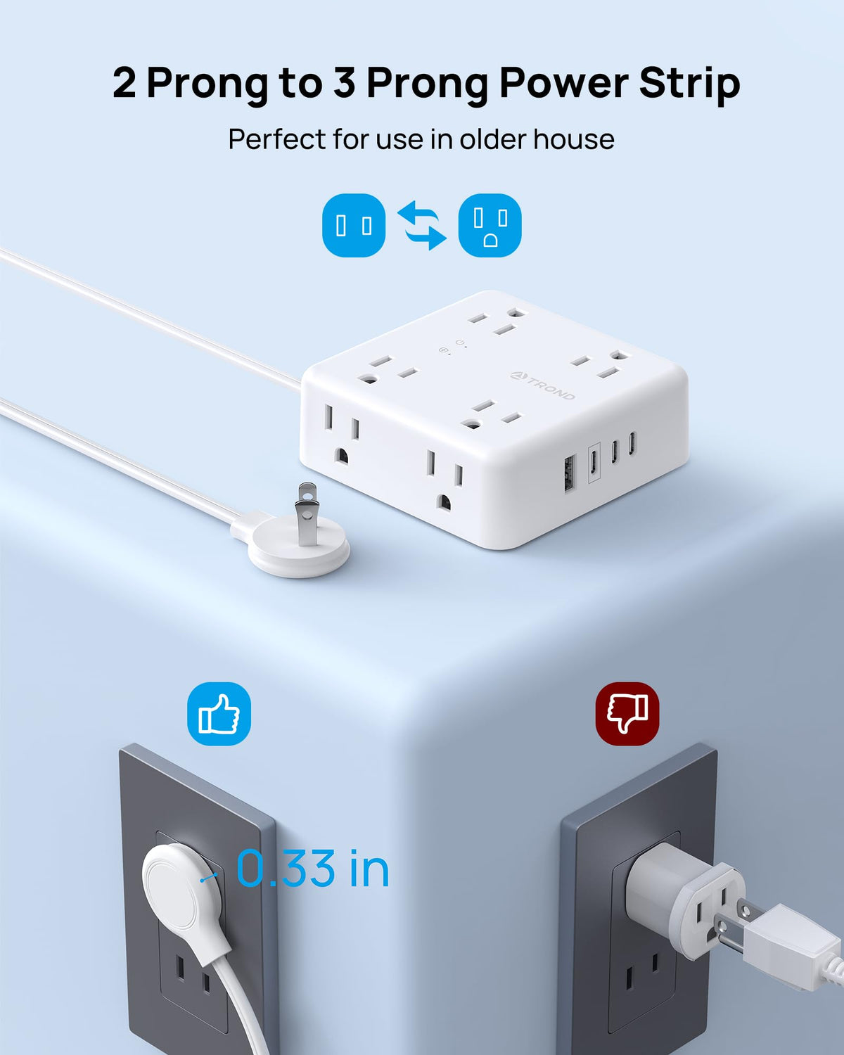 TROND 2 prong power strip wall-mount design keeps outlets organized and off countertops.