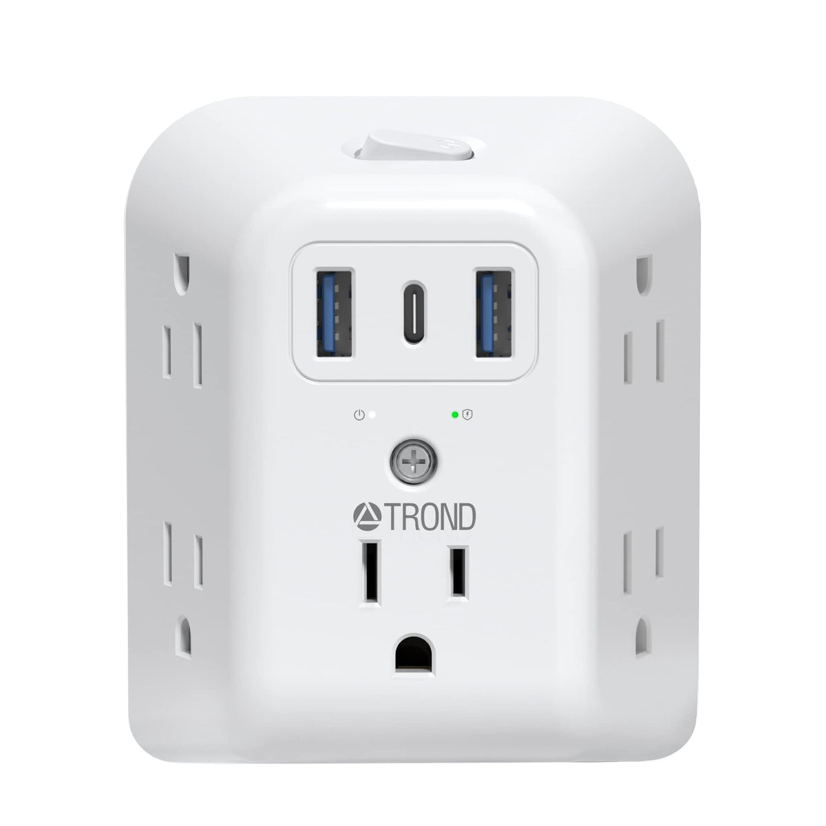TROND 3-to-2 prong adapter with five outlets and three USB ports for simultaneous charging
