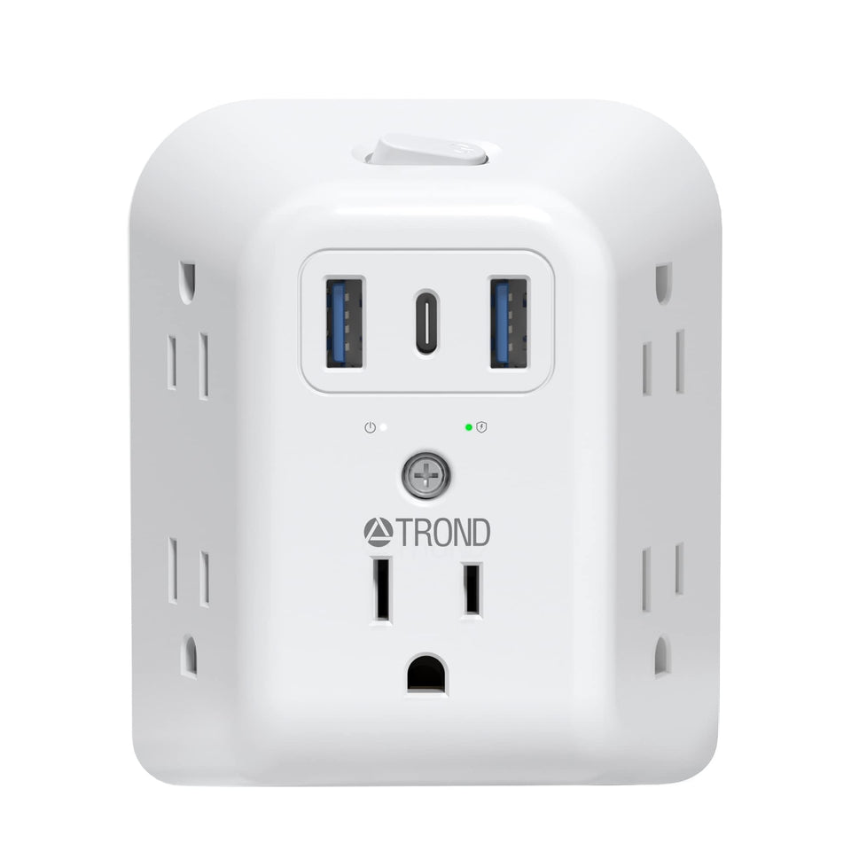 TROND 3-to-2 prong adapter with five outlets and three USB ports for simultaneous charging