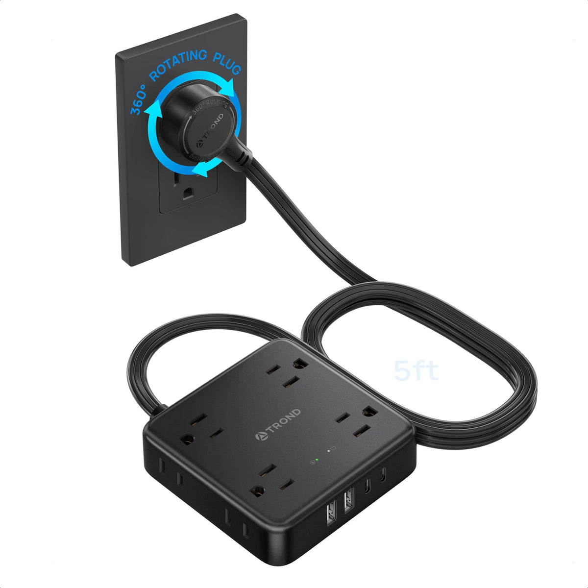 TROND 360° rotating flat plug close-up showing space-saving design for tight walls.