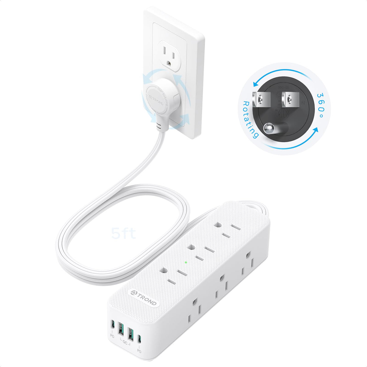TROND 360° rotating flat plug enabling tight outlet access and space saving.