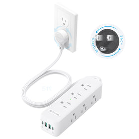 TROND 360° rotating flat plug enabling tight outlet access and space saving.