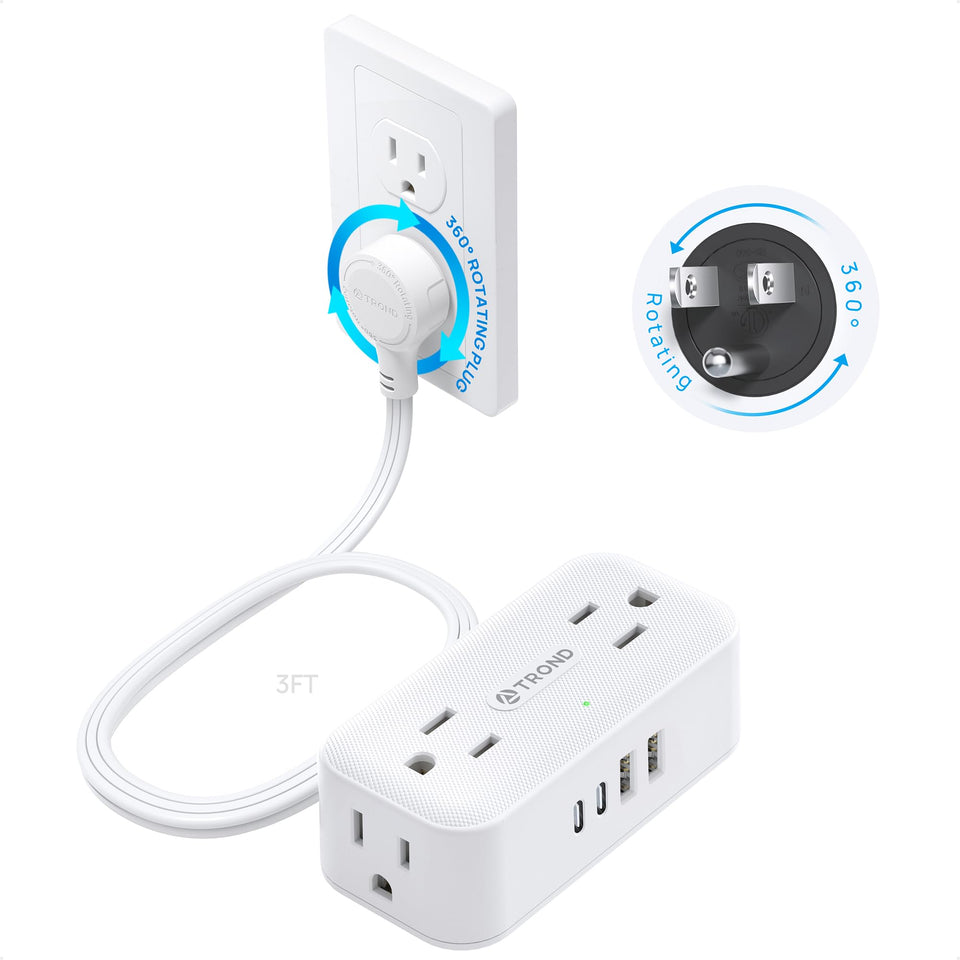 TROND 360° rotating flat plug for space-saving wall outlet arrangement.