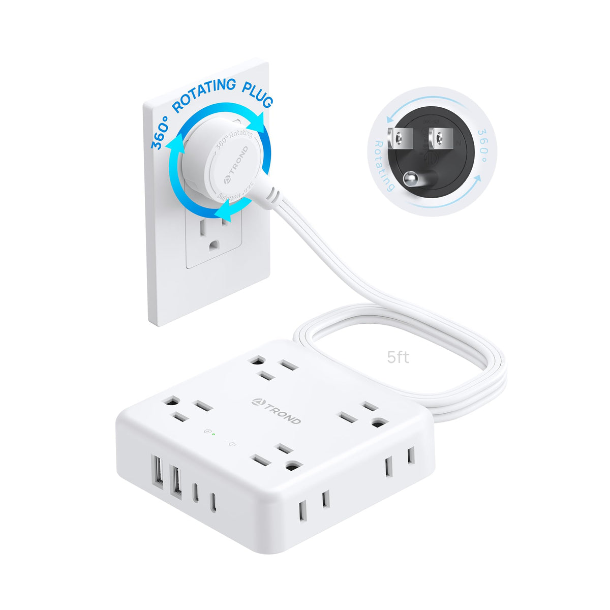 TROND 360° rotating flat plug powers tight spaces while saving wall space.