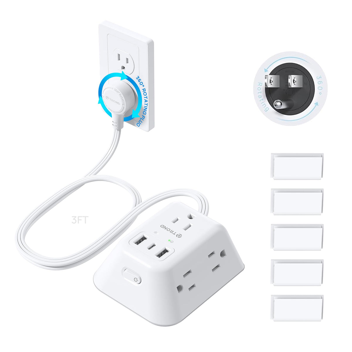 TROND 360° rotating plug power strip in use behind furniture illustrating flexible placement