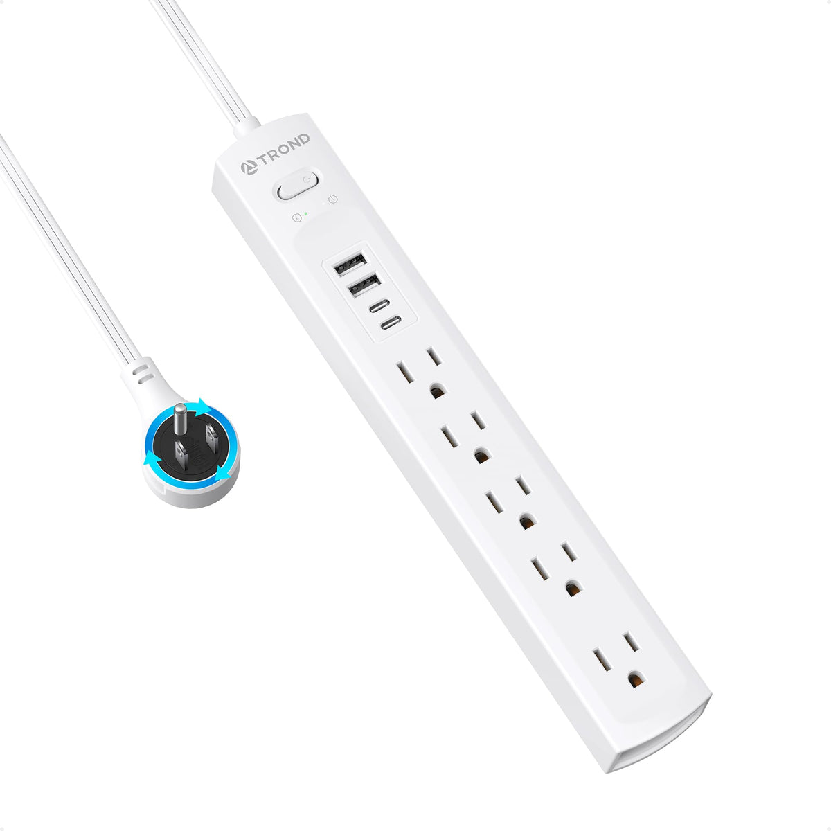 TROND 360° rotating plug surge protector for flexible placement behind furniture.