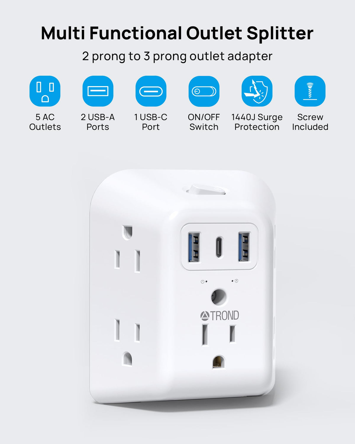 Wide-space three-sided outlet layout prevents blocking bulky plugs