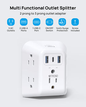 Wide-space three-sided outlet layout prevents blocking bulky plugs