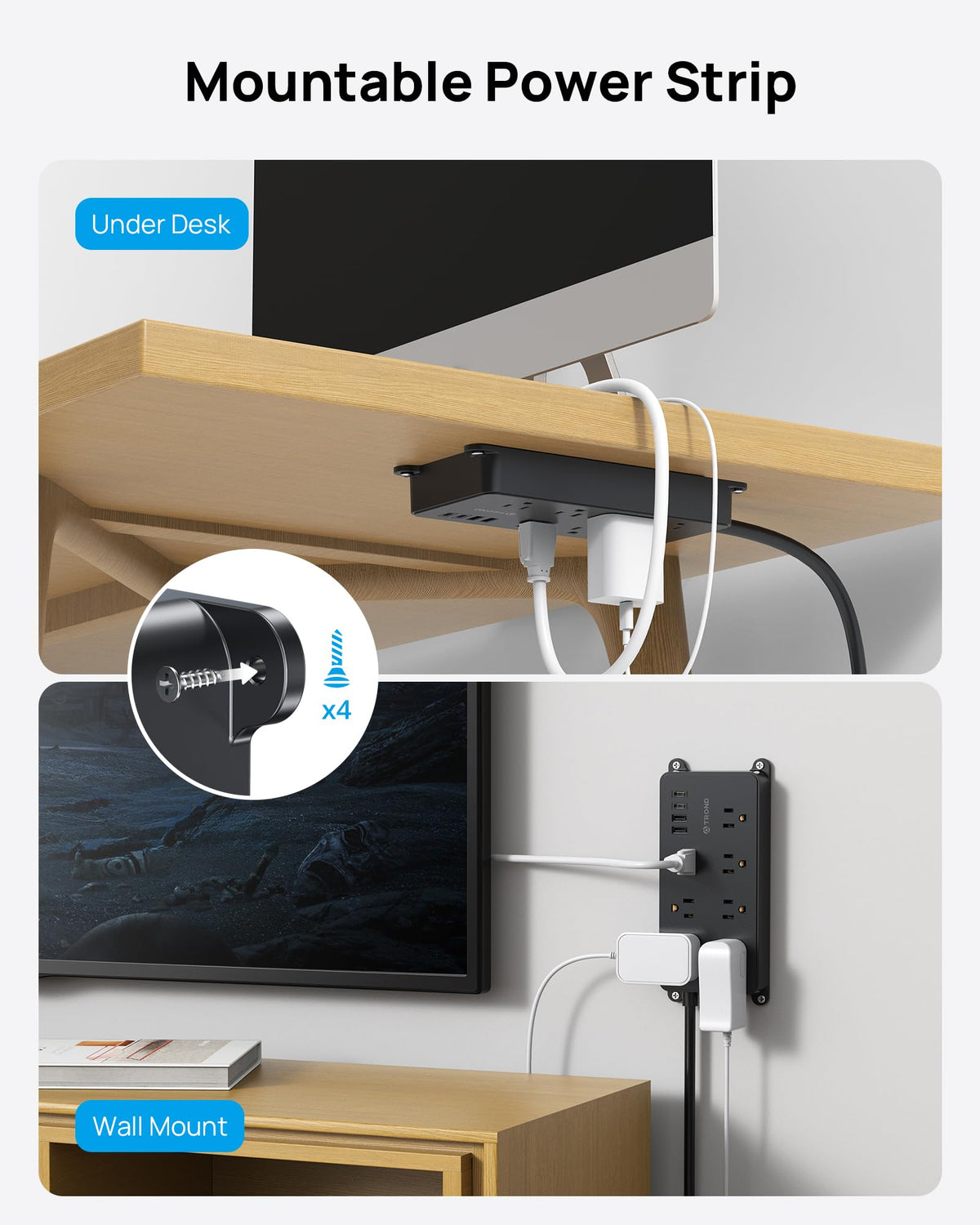 TROND five-foot cord and flat plug beside ruler showing scale and tidy low-profile fit