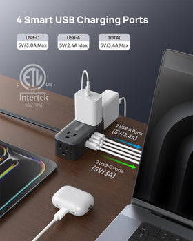 TROND 5ft extension cord with four USB ports ideal for desk setups.