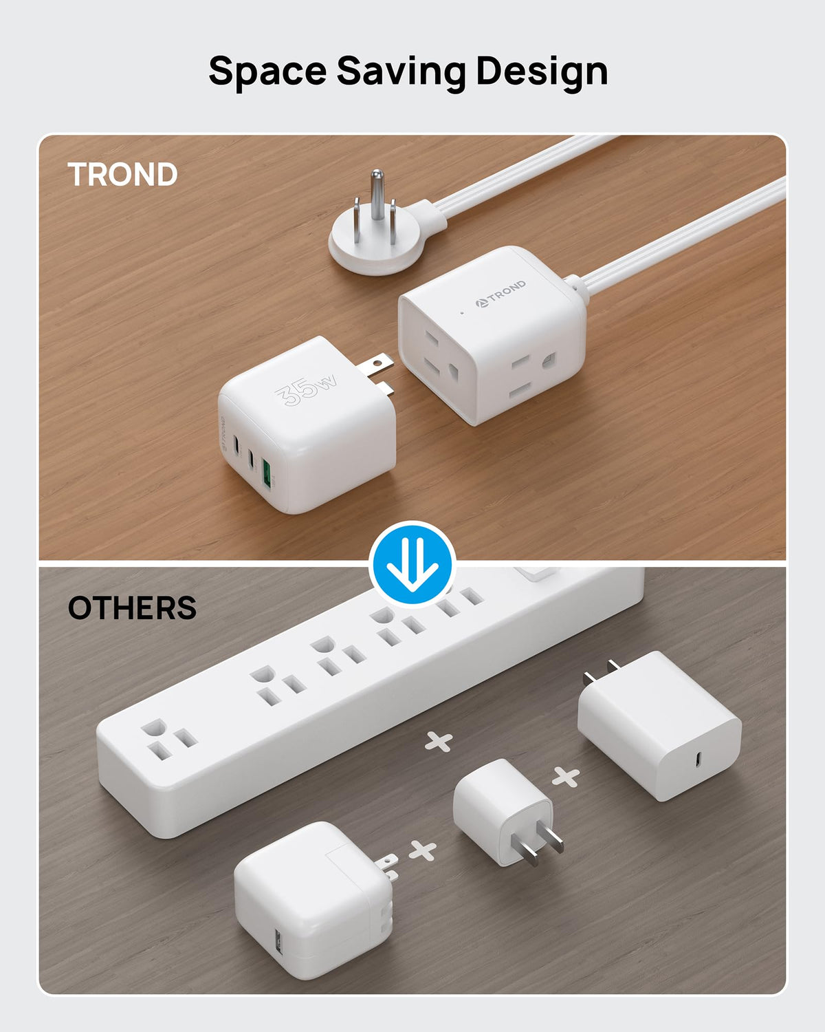 TROND five‑foot flat plug cord detail enabling flexible placement behind furniture