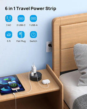 TROND 5 ft flat retractable cord powers travel-ready setups.