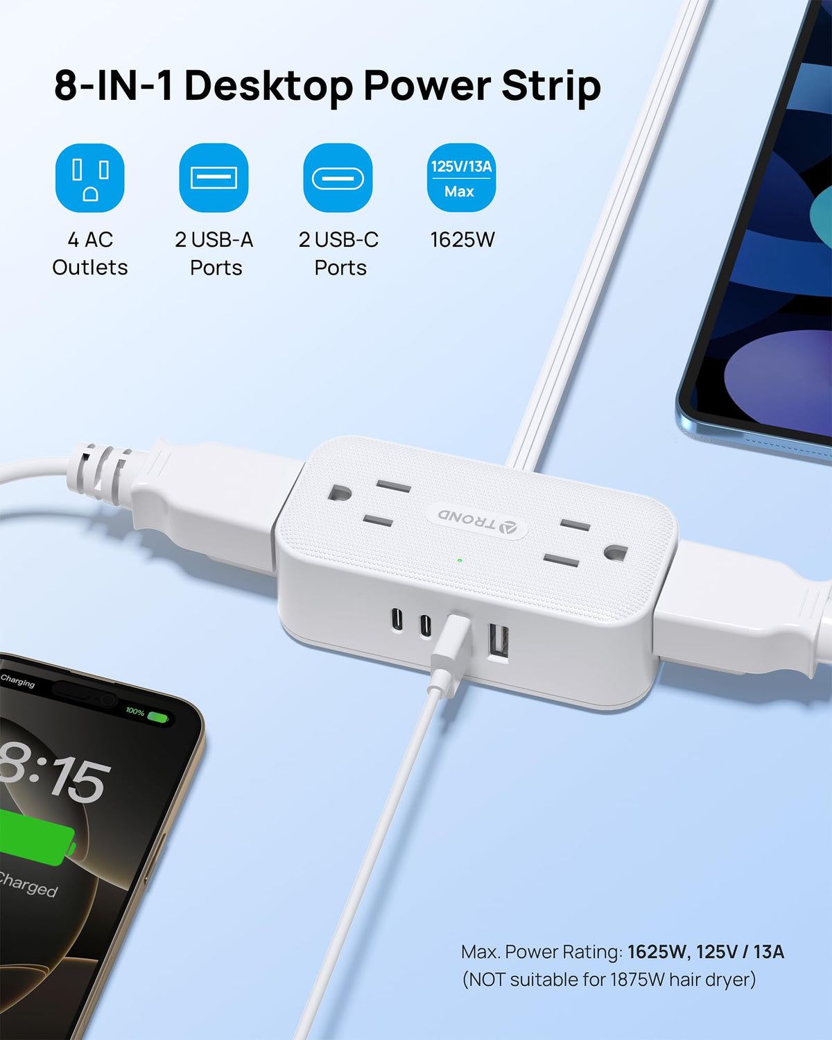 TROND 8-in-1 charging station with USB-C/USB-A for fast, versatile charging