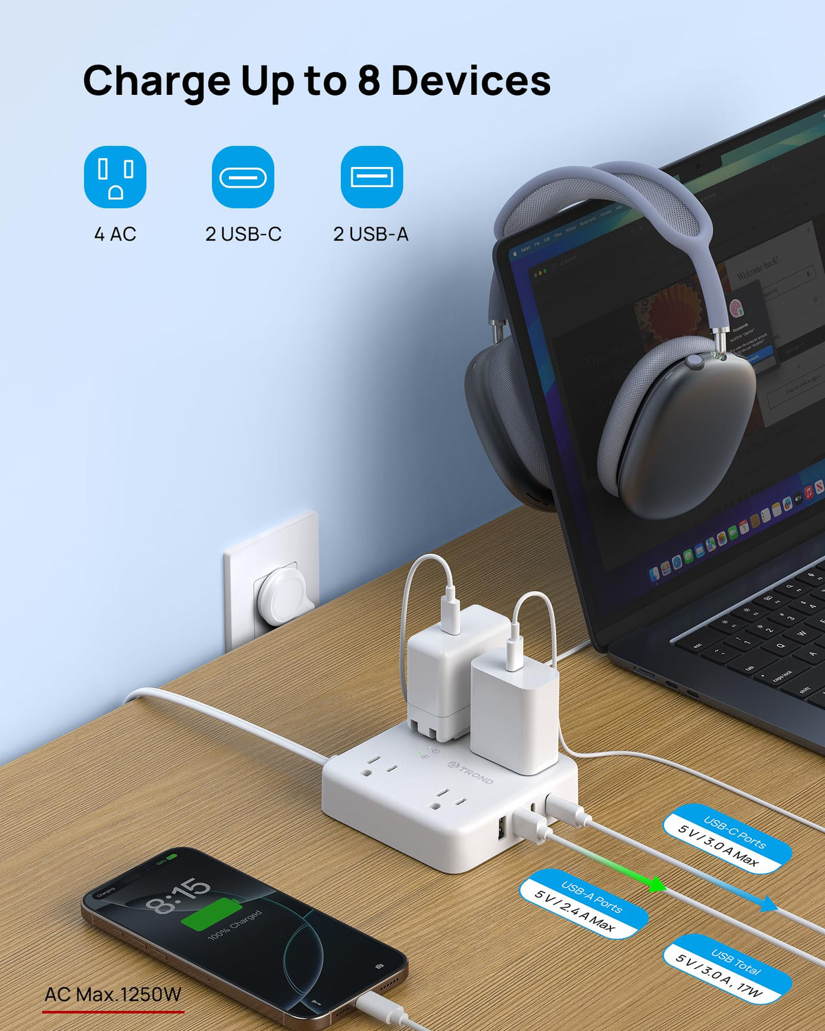 TROND 8-in-1 charging station powers multiple devices with USB-C and USB-A
