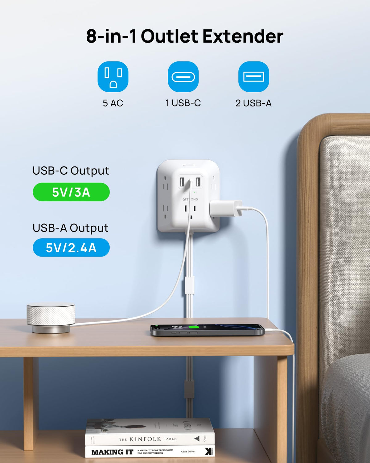 TROND 8-in-1 power strip with wide spacing prevents port blocking