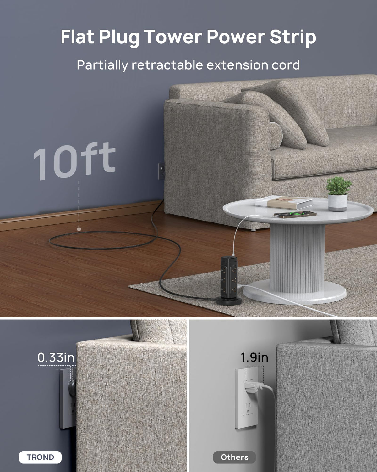 TROND black power strip in a dorm room setup for multi-device charging