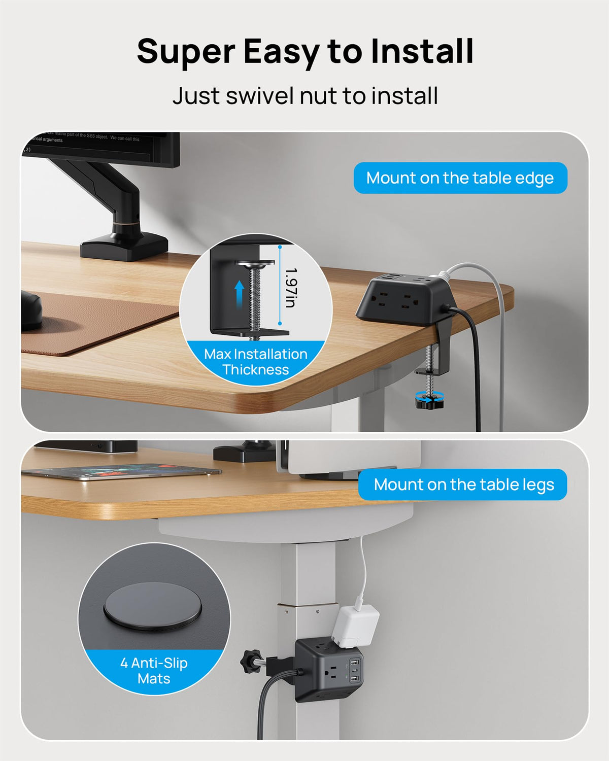 TROND clamp mounted on desk for secure, tool-free installation benefit