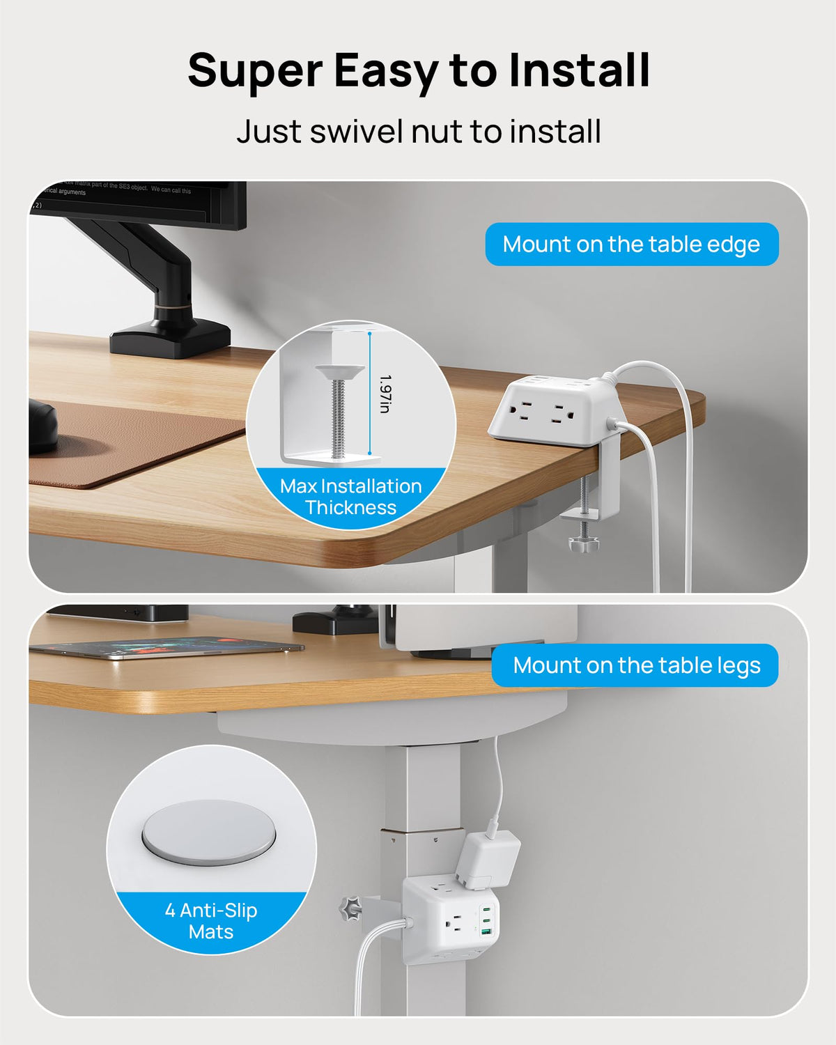 TROND clamp mounted on desk edge for tidy workspace organization