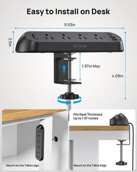 TROND clamp mounted to desk edge demonstrating tool-free secure installation benefit