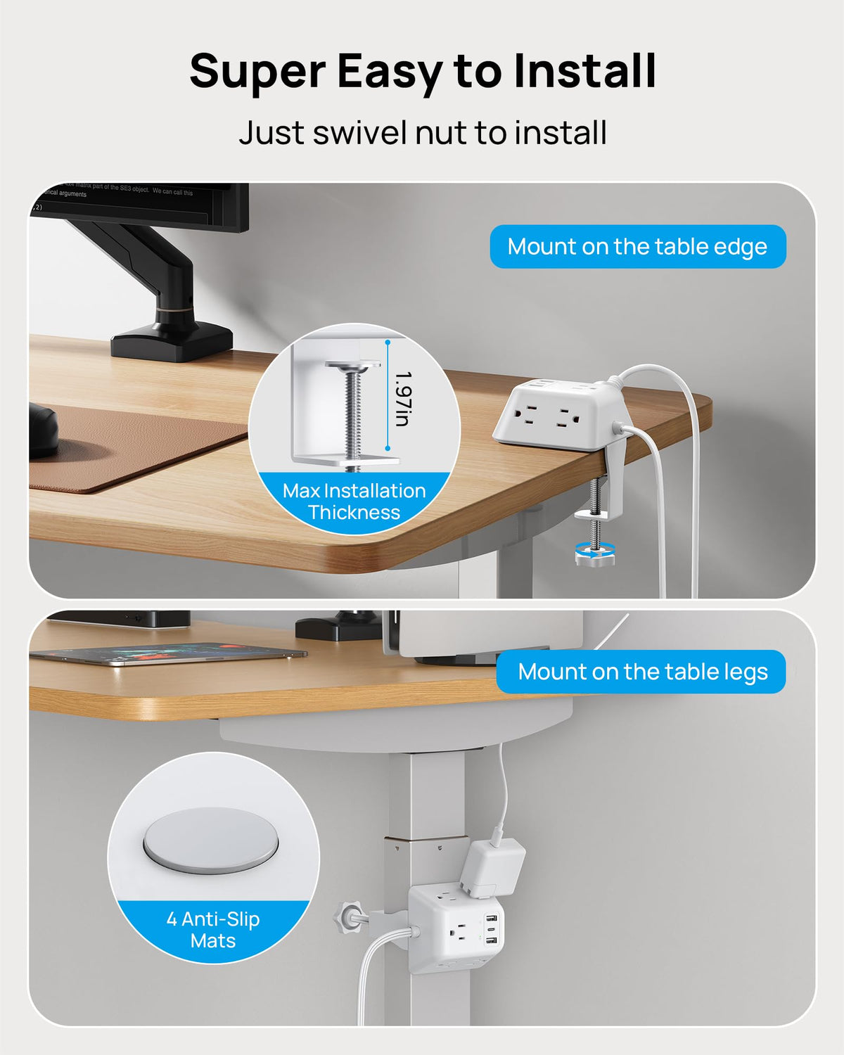 TROND clamp mounted on desk edge demonstrating secure hold and organized workspace benefit