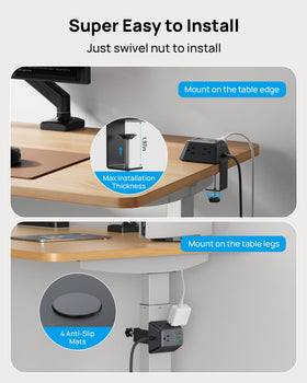 TROND clamp mounted on desk edge securing power strip and reducing clutter