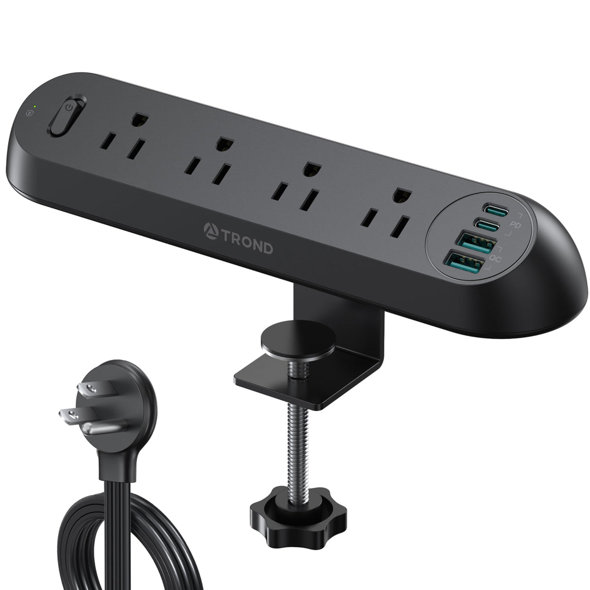 TROND clamp power strip front view showing accessible outlets and USB ports