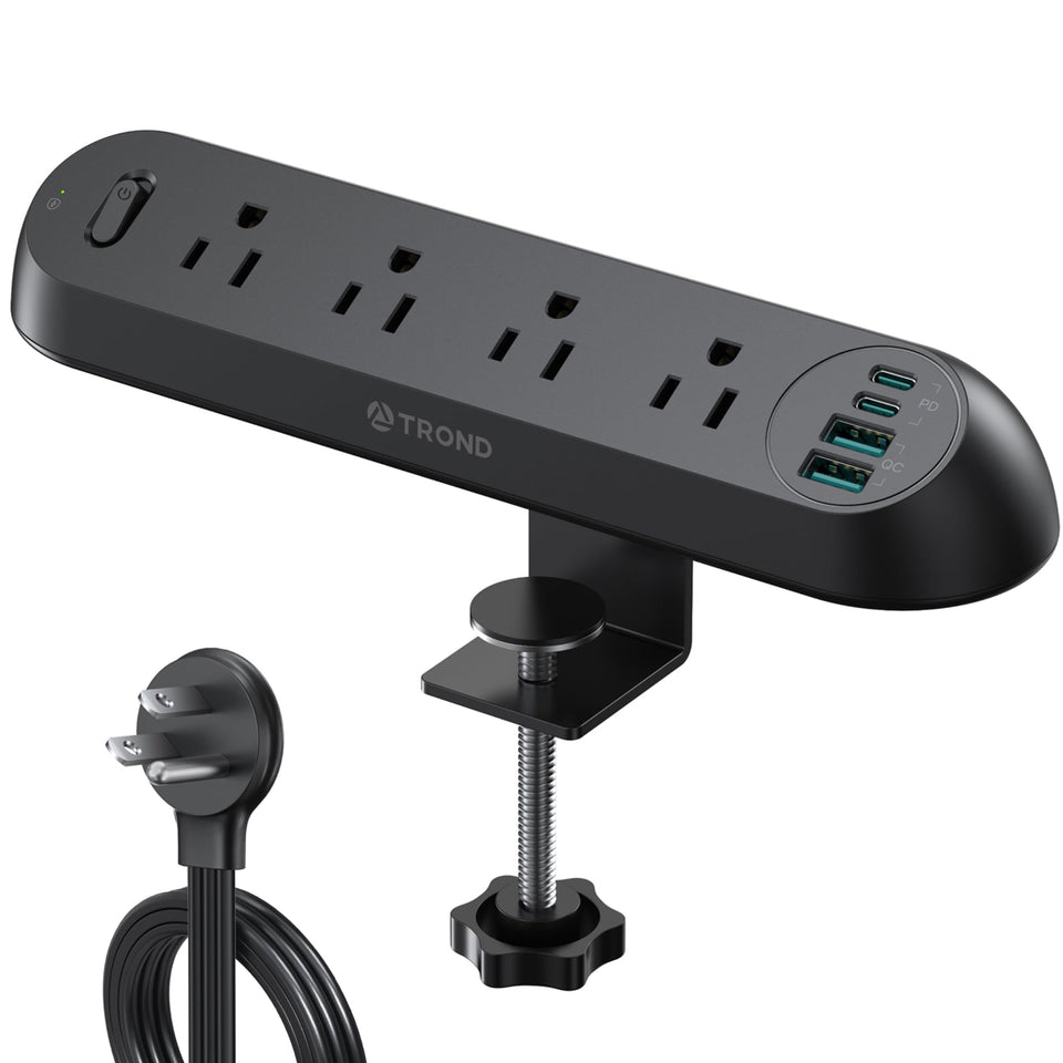 TROND clamp power strip front view showing accessible outlets and USB ports
