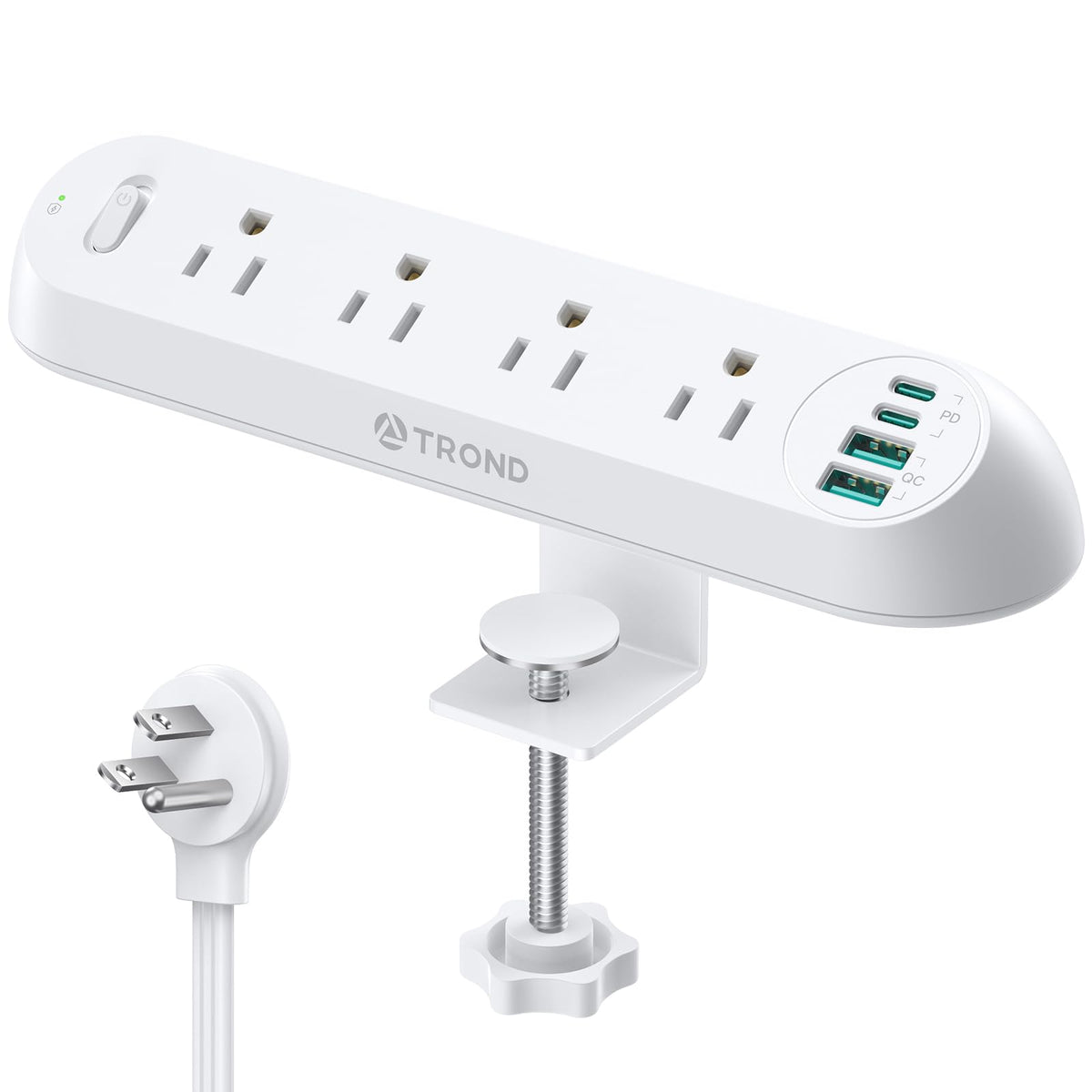 TROND desk clamp power strip front view showing outlets and USB ports for easy access