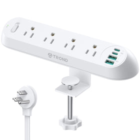 TROND desk clamp power strip front view showing outlets and USB ports for easy access