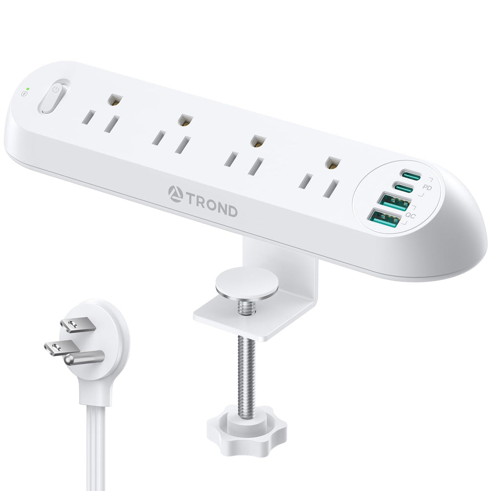 TROND desk clamp power strip front view showing outlets and USB ports for easy access