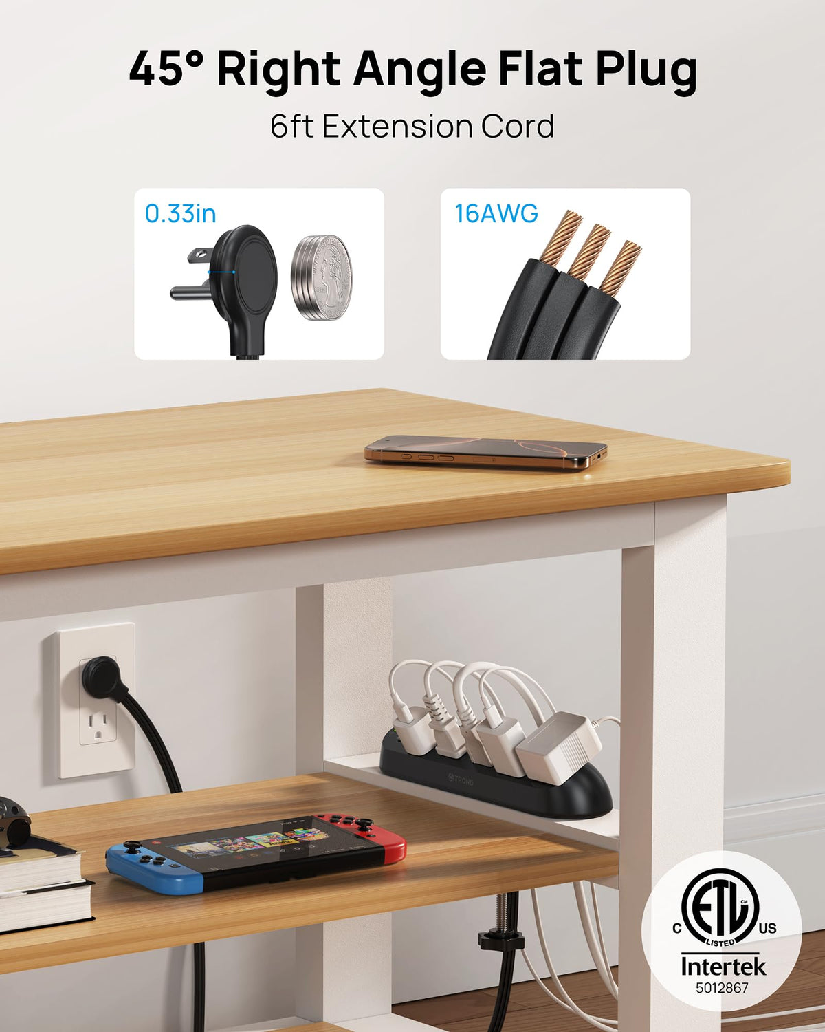 TROND clip-on desk-mount installation demonstrates clutter-free workspace and easy one-handed use.