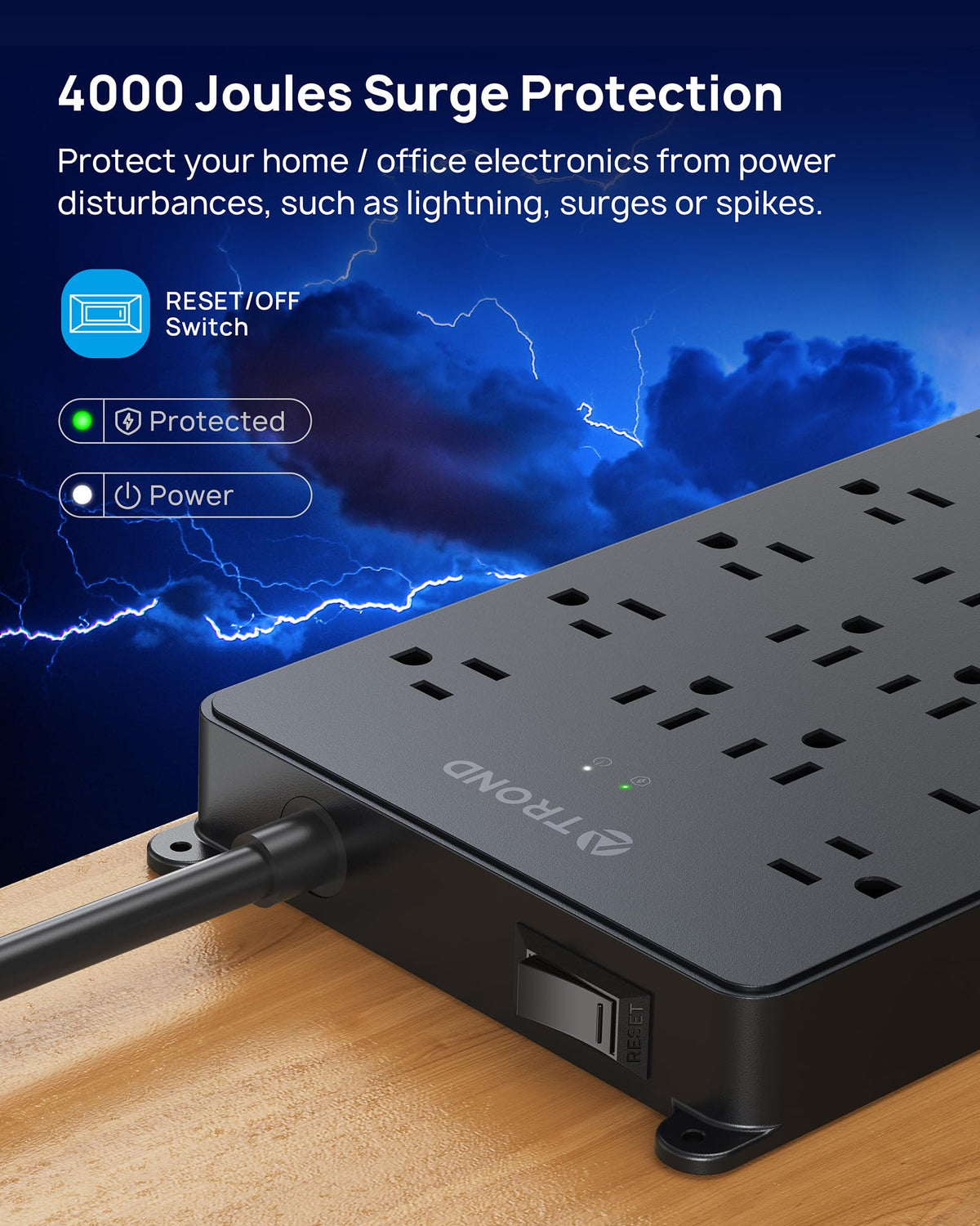 TROND close-up of widely spaced AC outlets, shows room for large adapters and accessibility