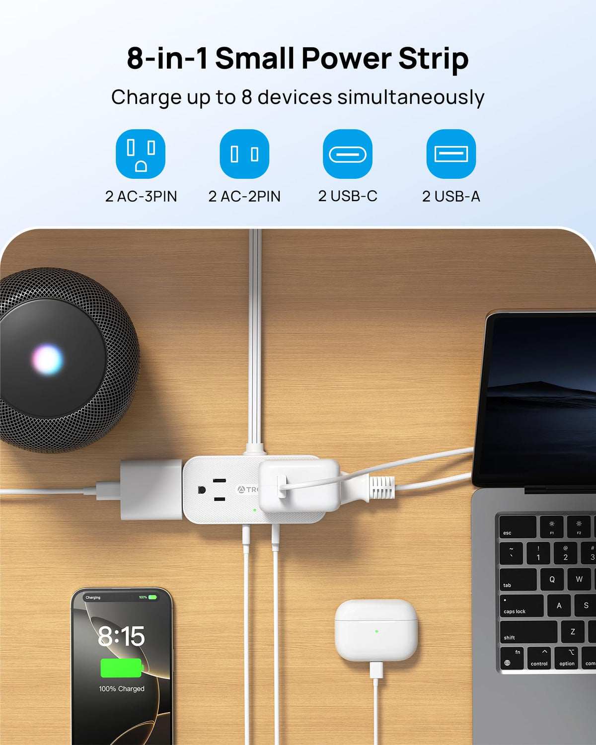 TROND compact power strip offers 1250W capacity in travel-friendly form