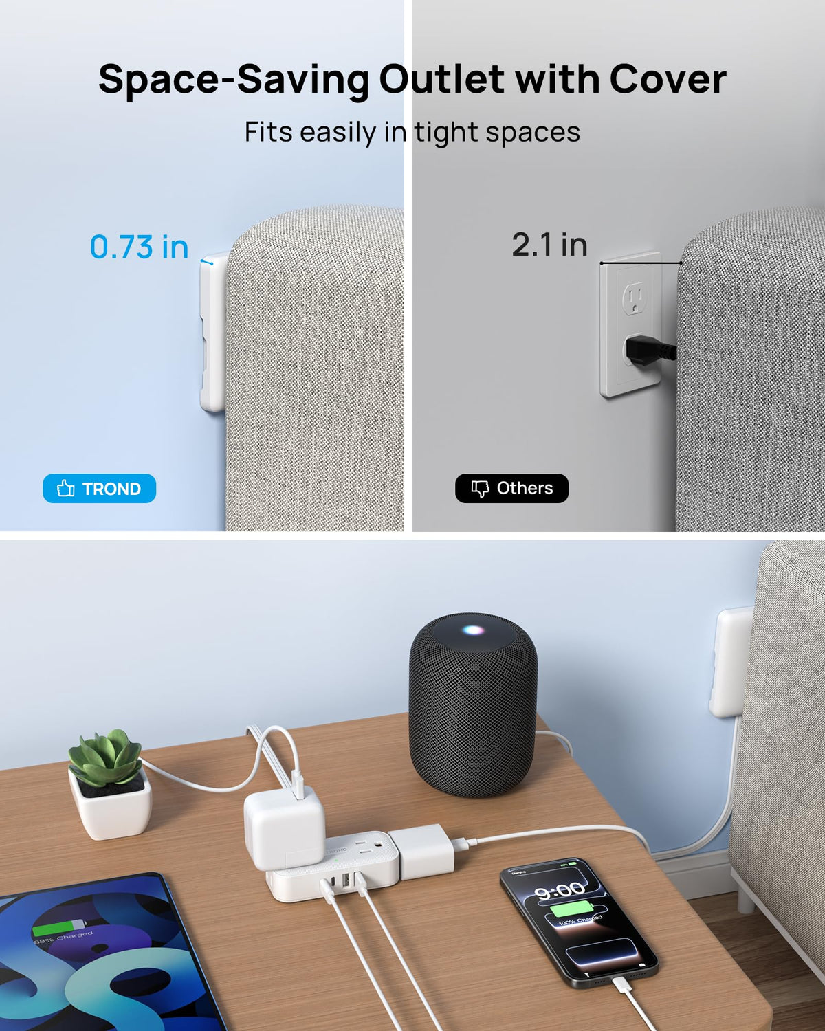 TROND 5ft compact extension cord fits tight spaces behind furniture