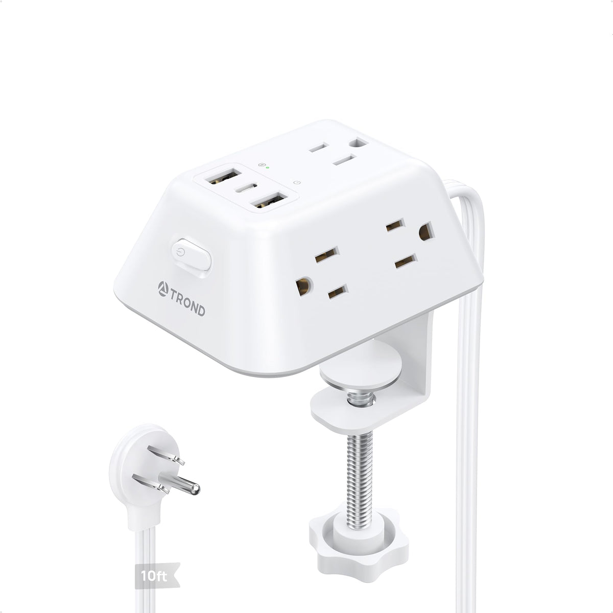 TROND front view of mounted clamp power strip showing outlets and tidy layout for convenience
