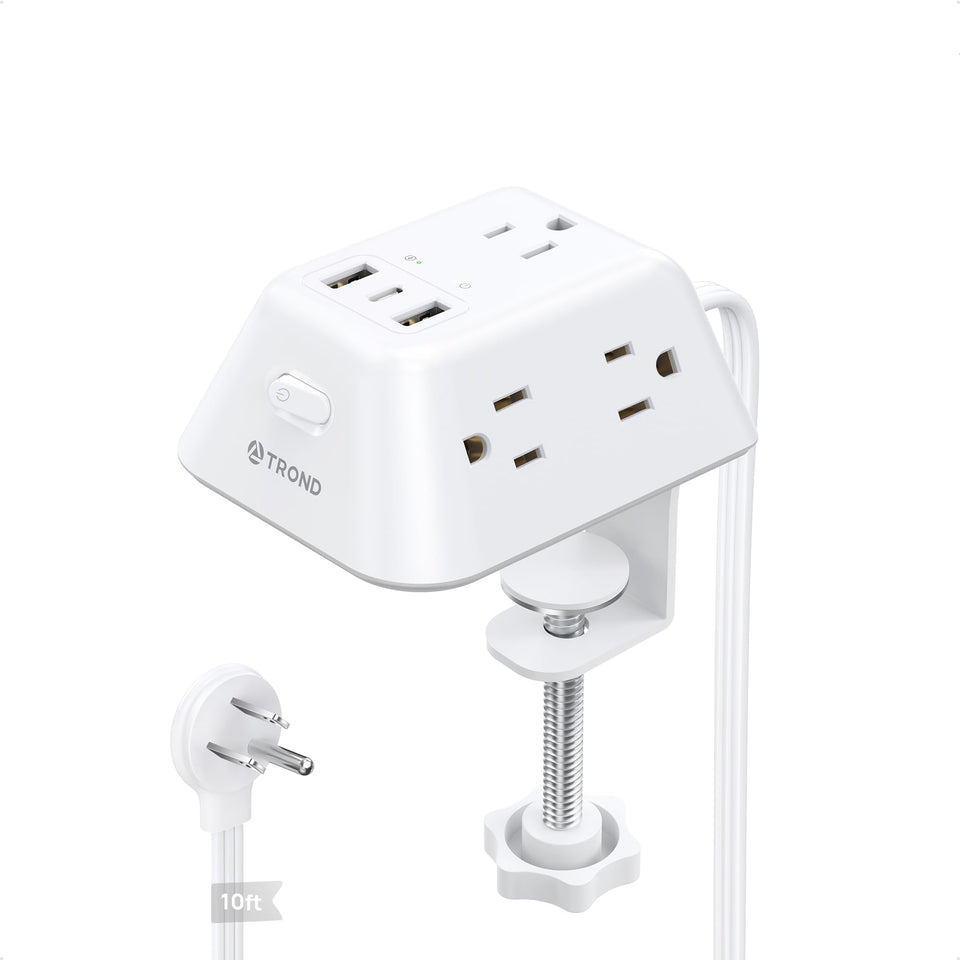 TROND front view of mounted clamp power strip showing outlets and tidy layout for convenience
