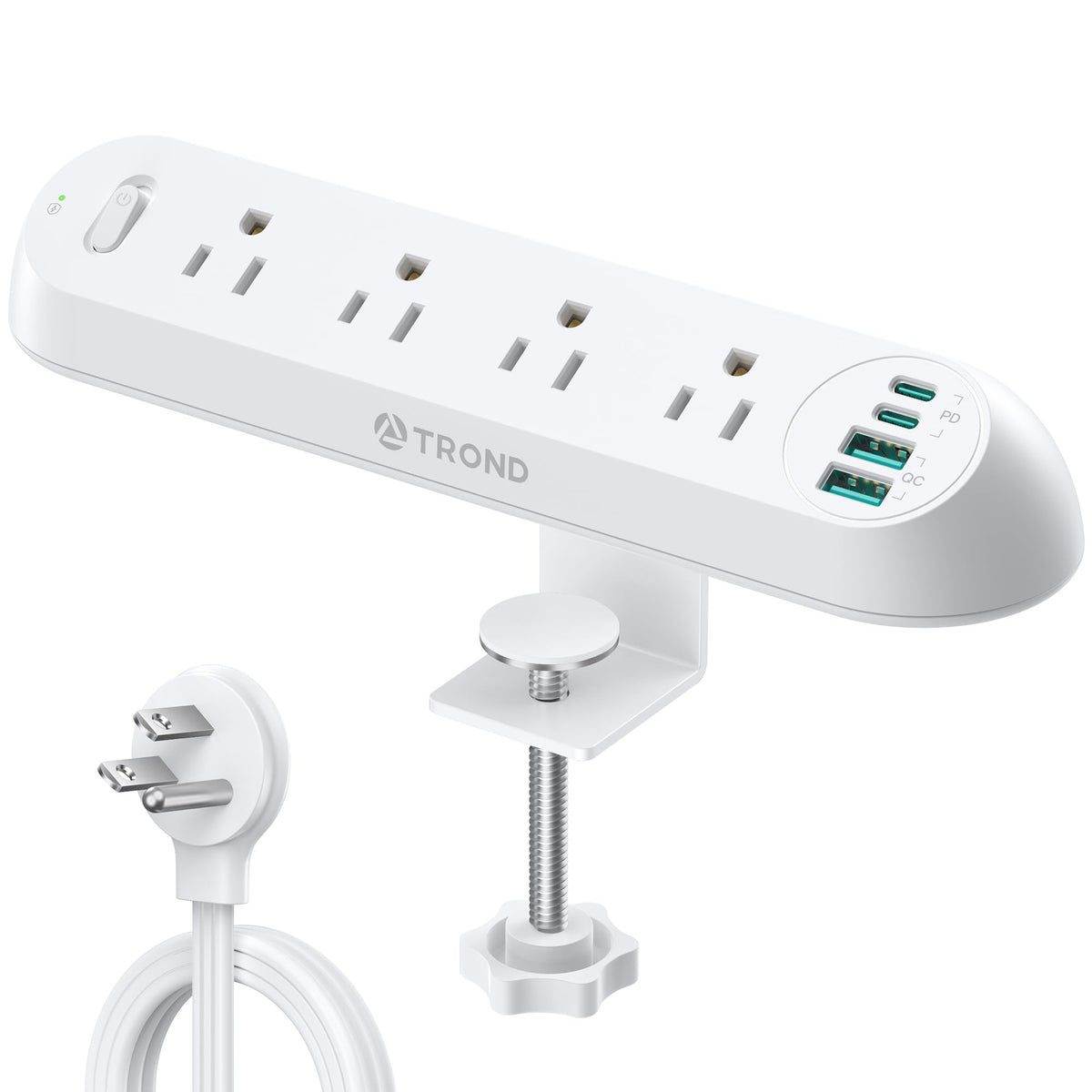 TROND front view of clamp power strip showing outlets and USB ports for tidy desk power
