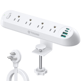 TROND front view of clamp power strip showing outlets and USB ports for tidy desk power