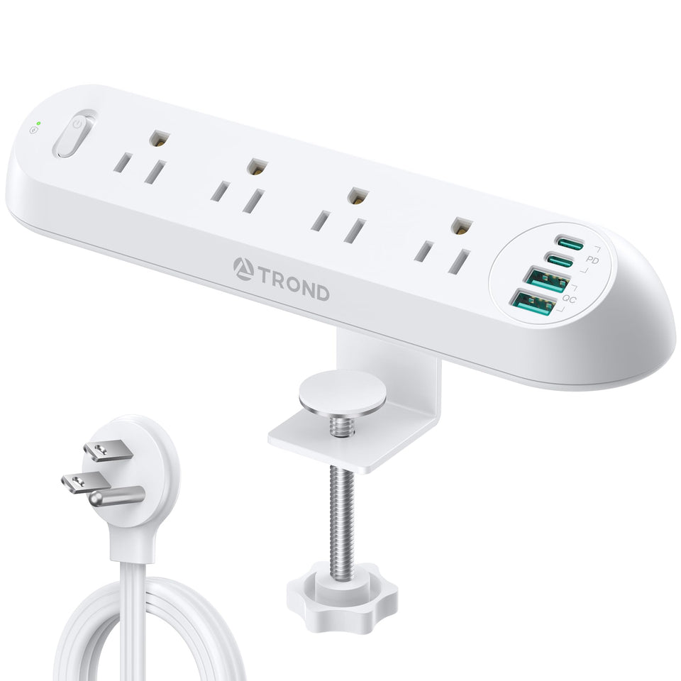 TROND front view of clamp power strip showing outlets and USB ports for tidy desk power