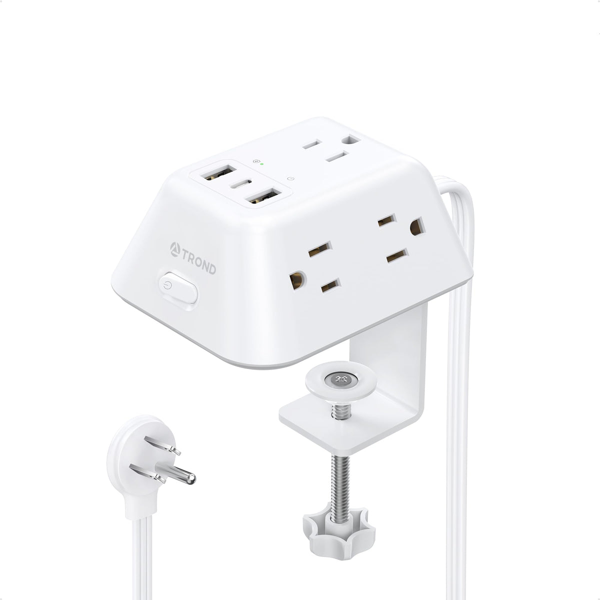 TROND front view of clamp power strip showing outlets and tidy access
