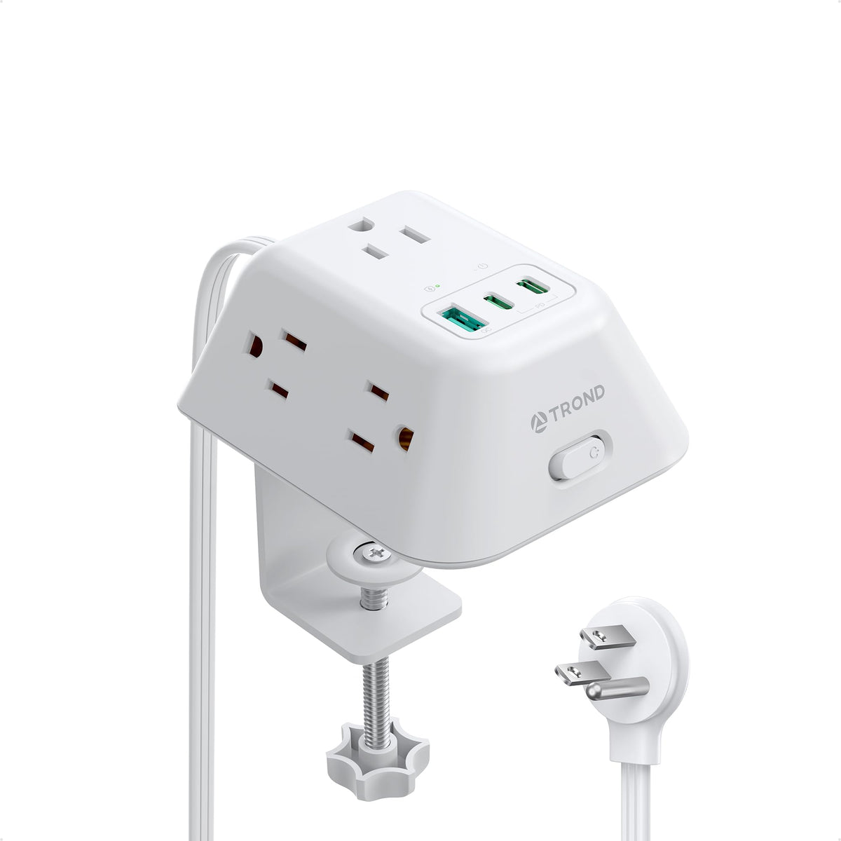 TROND front view showing five outlets and USB ports, tidy desktop benefit